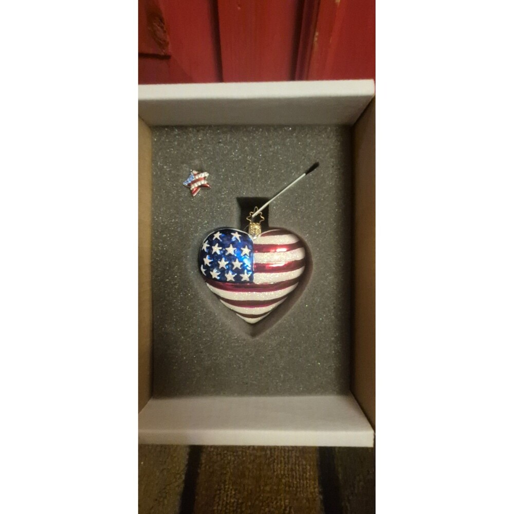 New Vintage VTG RADKO AMERICAN HEART Glass Ornament & Crystal Enameled Pin Set